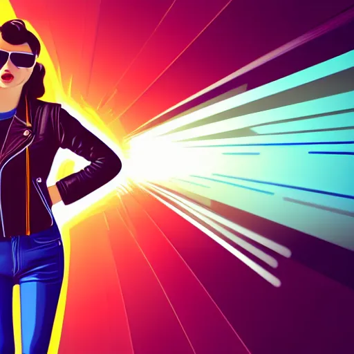 Image similar to a woman with light blue shutter shades in front of a sunset, a dark brown leather jacket, vector art by jan tengnagel, pixabay contest winner, retrofuturism, retrowave, synthwave, outrun, portrait,