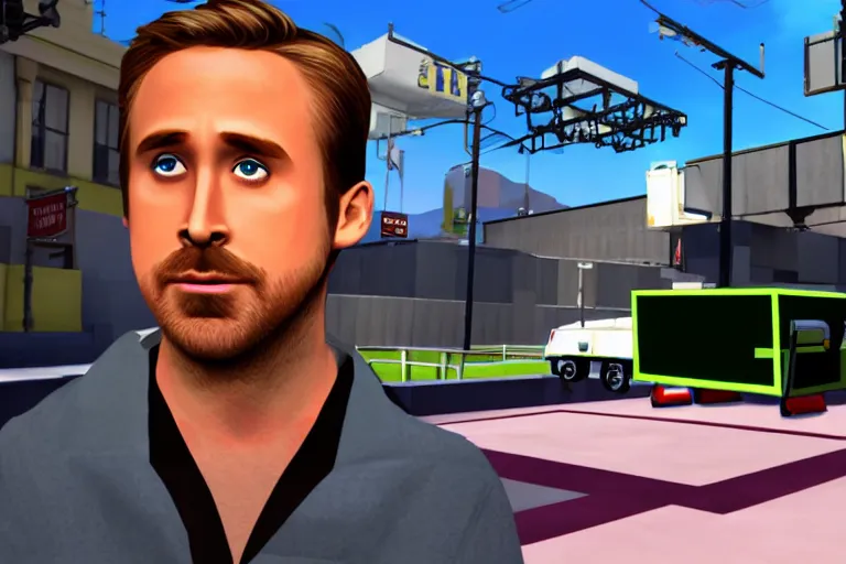 Image similar to ryan gosling roblox, in-game screenshot