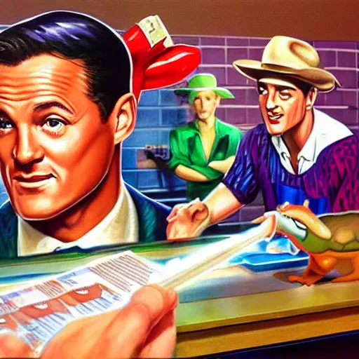 Image similar to beautiful lifelike painting of retro snes game starring gene kelly demanding a refund on undercooked overpriced dinosaur steak in downtown dive bar bistro, hyperreal detailed facial features and uv lighting, retro bitmap pixel art painting