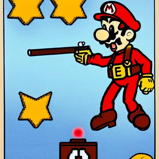 Prompt: A realistic and detailed super mario shooting a goomba with a machine gun