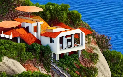Image similar to architecture of a villa on a cliff, aerial view, orange and red color scheme, vivid colors, photorealist, 4 k