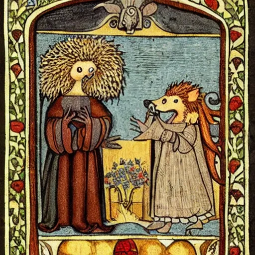 Image similar to hedgehog wedding, medieval book illustration , stunning masterpiece