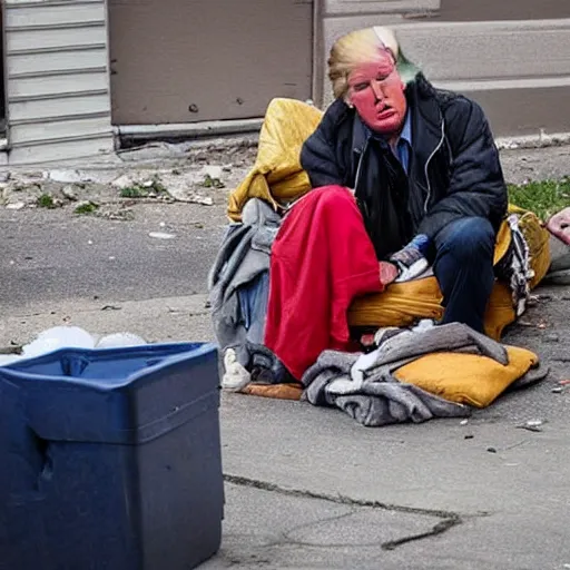 Image similar to donald trump dressed as a homeless man living in the slums