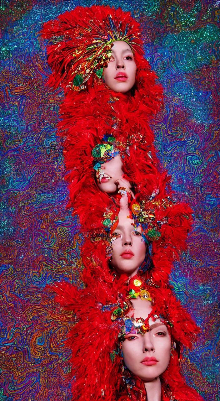 Prompt: a female character design wearing psychedelic high fashion, a red sequined bodysuit, beads hanging over her face like an alexander mcqueen headdress, costume by eiko ishioka, haute couture, dior, and a red cape by moebius, steven outram, colorful and psychedelic, hd, 8 k, artstation, high quality, ultra detailed