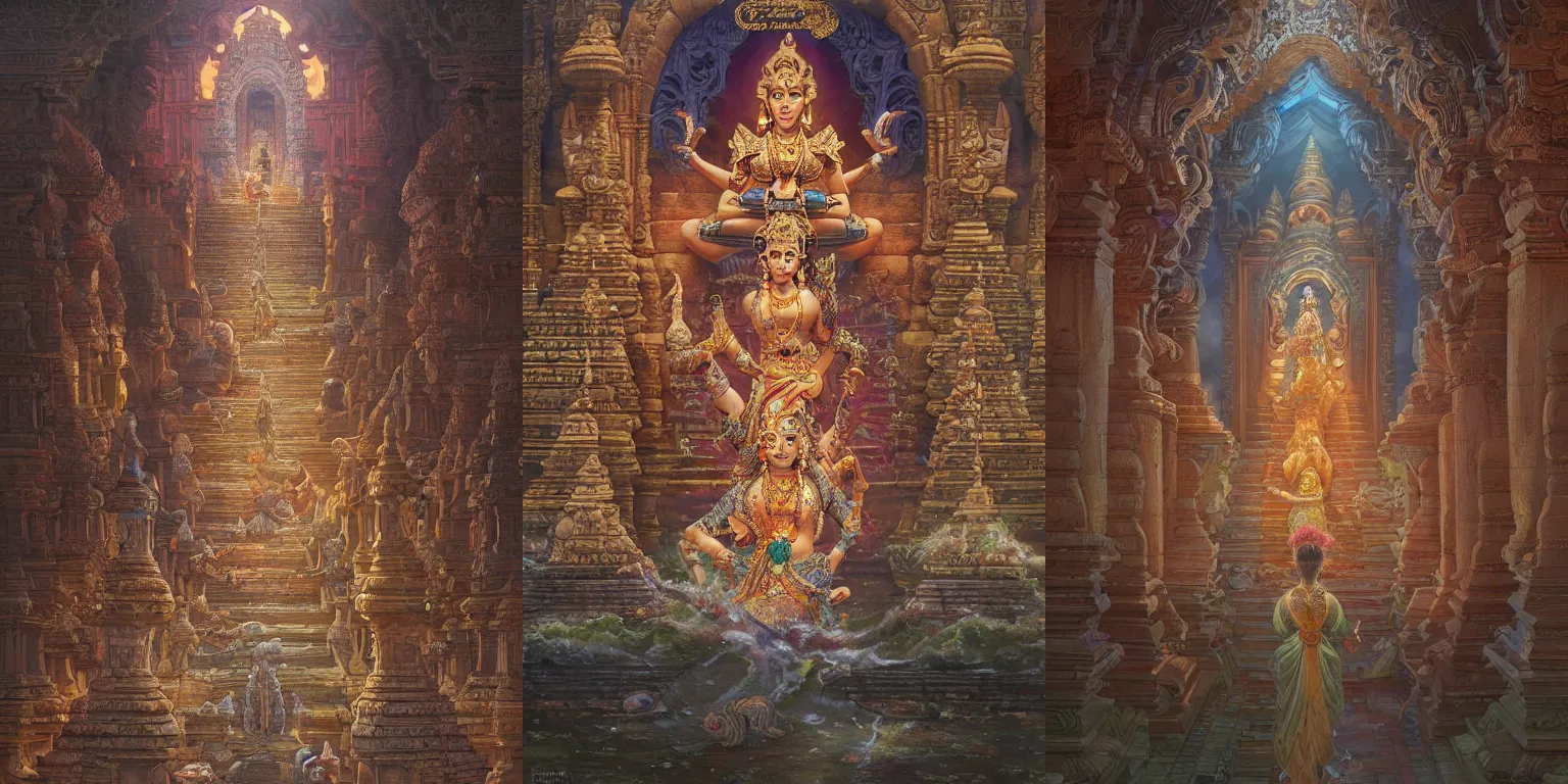 Prompt: A grand ancient Hindu temple in in ancient Java style, D&D, MtG art,fantasy, intricate, elegant, highly detailed, digital painting, artstation, concept art, smooth, sharp focus, hyperrealistic,illustration, art by artgerm and greg rutkowski and alphonse mucha