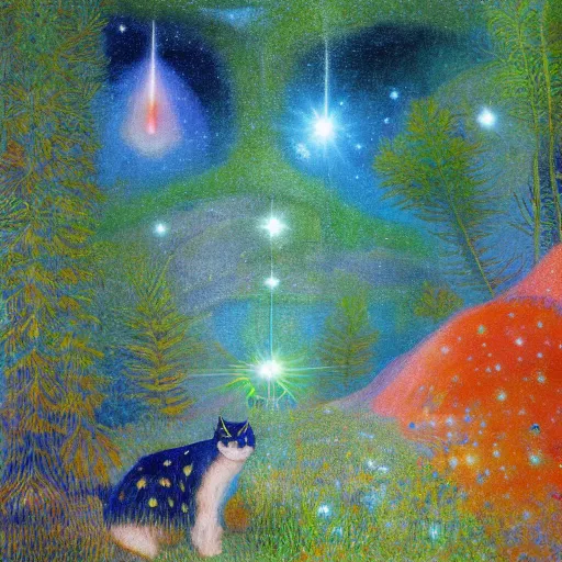 Image similar to psychedelic small cats hidden lush pine forest, outer space, milky way, designed by arnold bocklin, jules bastien - lepage, tarsila do amaral, wayne barlowe and gustave baumann, cheval michael, trending on artstation, star, sharp focus, colorful refracted sparkles and lines, soft light, 8 k 4 k