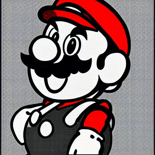 Prompt: fan artwork of mario, videogame art, limited color palette, black tones