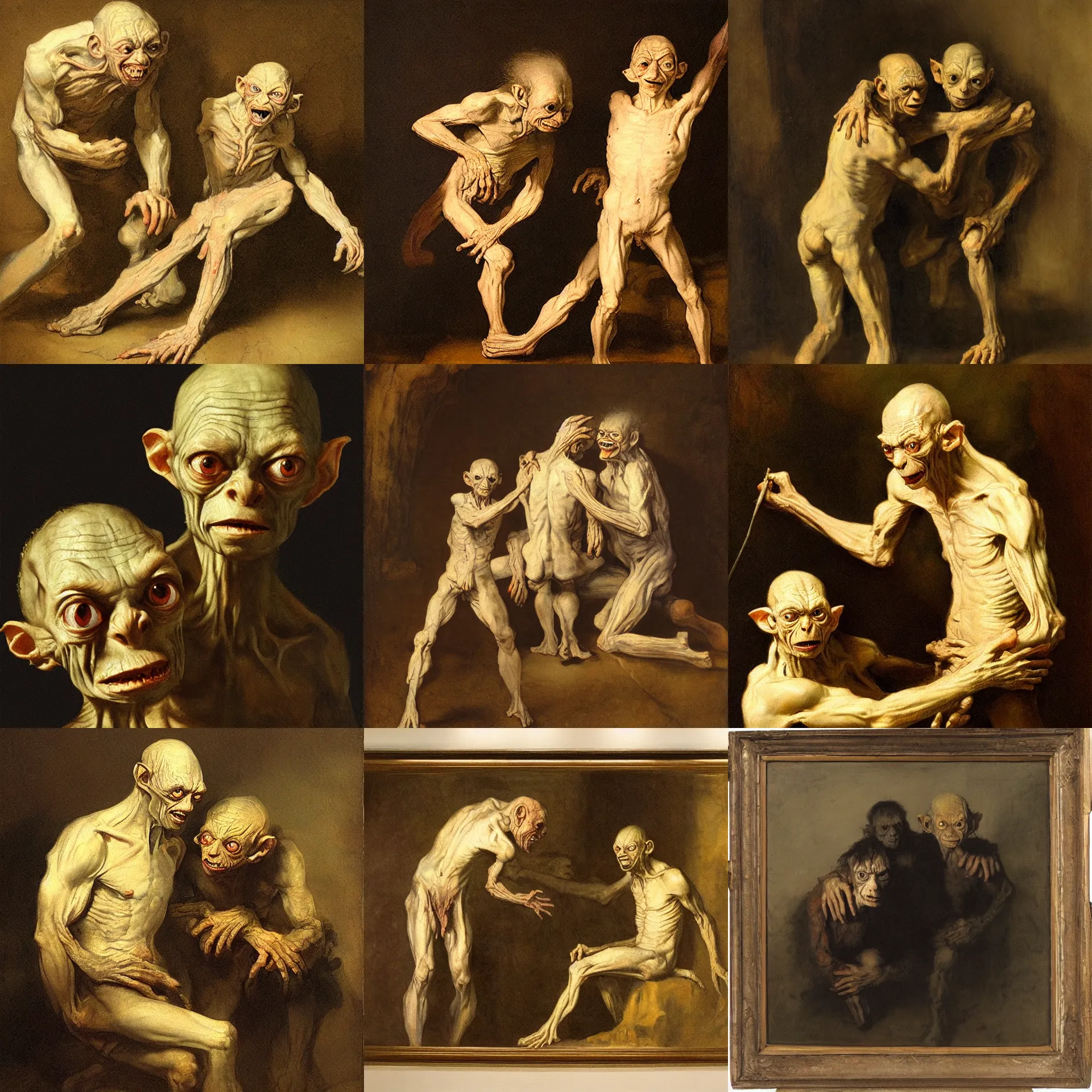 Prompt: a portrait of gollum and smeagle in the same room painted by rembrandt