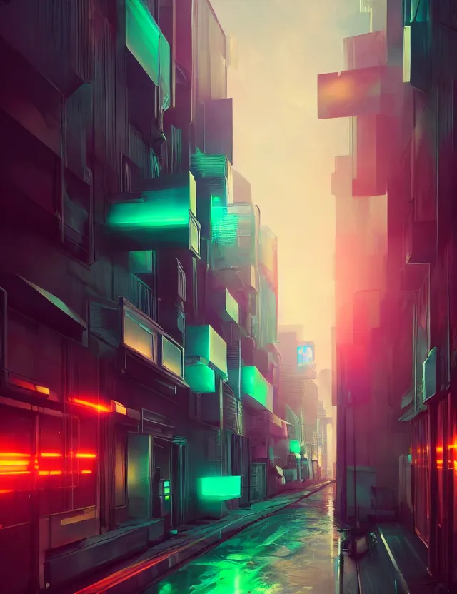 Image similar to a long narrow alleyway between futuristic buildings leading into the horizon, neon billboards, at night, by joseph ducreux, artstation, volumetric lighting, perfect, high detail