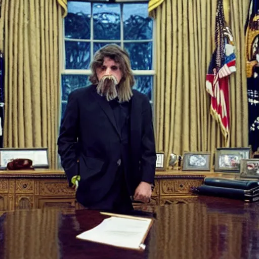 Image similar to a photograph of the unabomber wearing a suit in the oval office