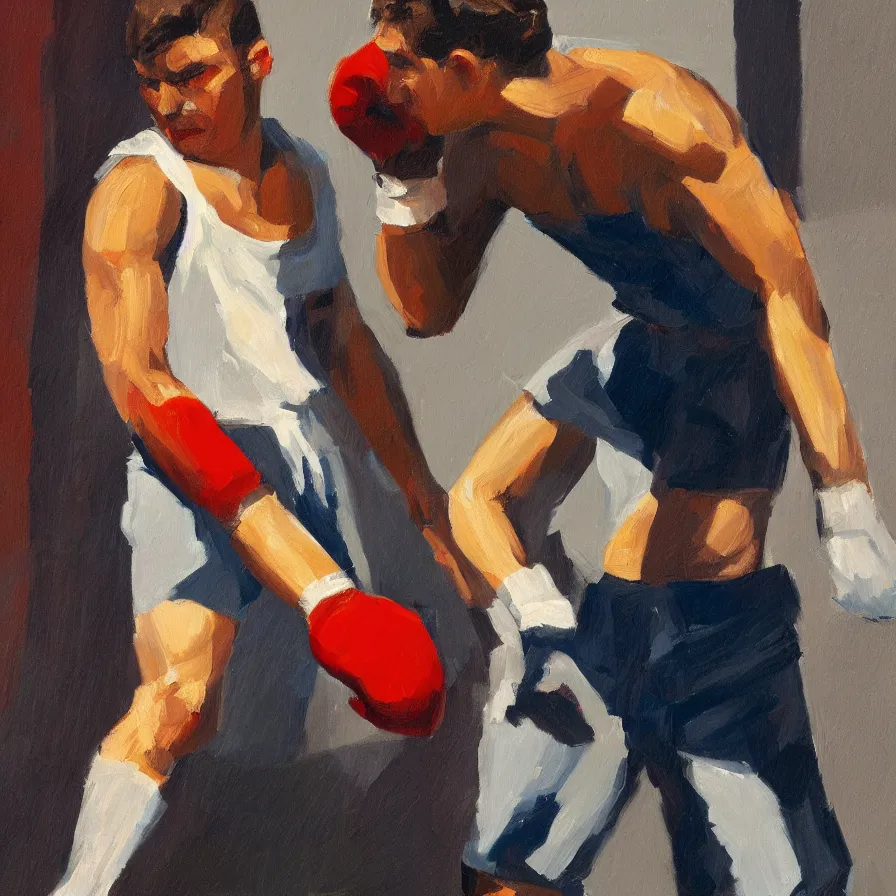 Image similar to a portrait of of boxing man, in the style of edward hopper, in the style of max ginsburg, realism, very small brushstrokes, 4 k,