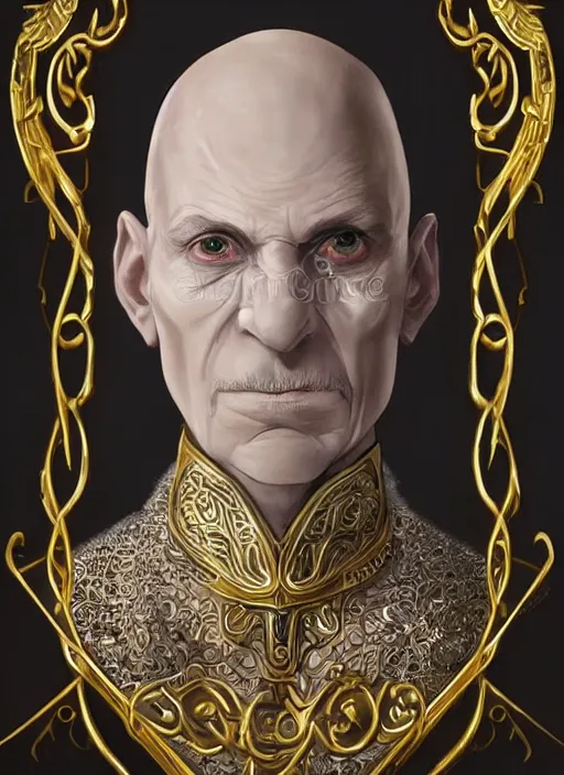 Image similar to a bald pale ninety year old sorcerer. stately and dour. eyeliner accentuates his sunken eyes. a high black turtleneck. opulent white golden red robe. white leather gloves with gold decoration, sharp focus, a downcast shadow, his hands crossed in front of his displeased face, illustration, digital painting, art by magali villeneuve