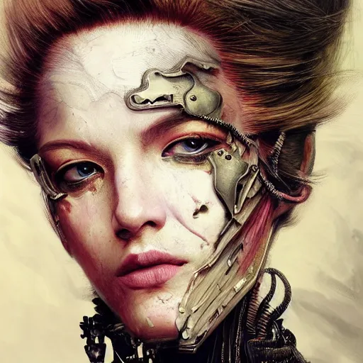 Image similar to portrait, headshot, insanely nice professional hair style, dramatic hair color, digital painting, of a old 17th century, old cyborg merchant, amber jewels, baroque, ornate clothing, scifi, realistic, hyperdetailed, chiaroscuro, concept art, art by Franz Hals and Jon Foster and Ayami Kojima and Amano and Karol Bak,