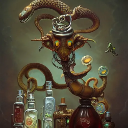 Image similar to a grinning anthropomorphic snake selling bottles of medicine, fantasy, steampunk, peter mohrbacher