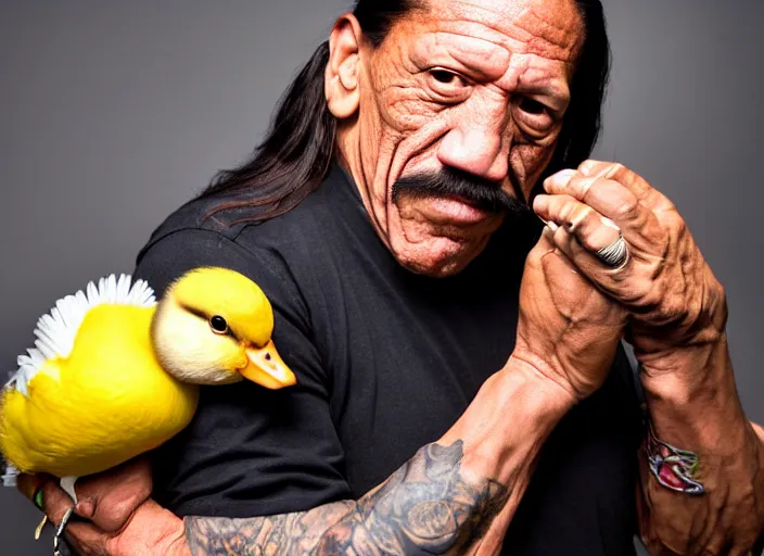 Image similar to photo still of danny trejo at the county fair!!!!!!!! at age 5 6 years old 5 6 years of age!!!!!!!! holding a baby duck he won, 8 k, 8 5 mm f 1. 8, studio lighting, rim light, right side key light
