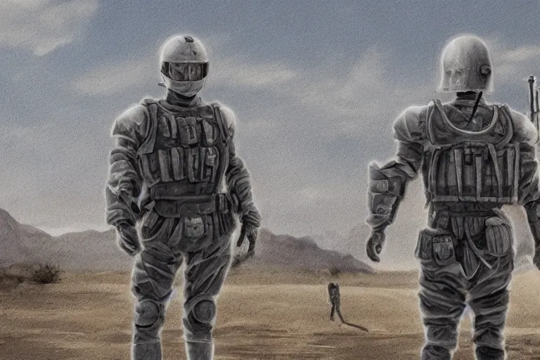 Image similar to sergeant dornan is standing in the desert near a closed hangar, a small ripple in the air from the heat, glare from the sun on metal surfaces, realistic proportions, anime style ghost in armor