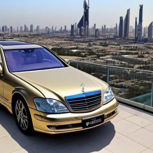 Image similar to gold Mercedes-Benz s500 long in the body 220 (w220) 2002 old year is on the roof of a high-rise building in abu dhabi