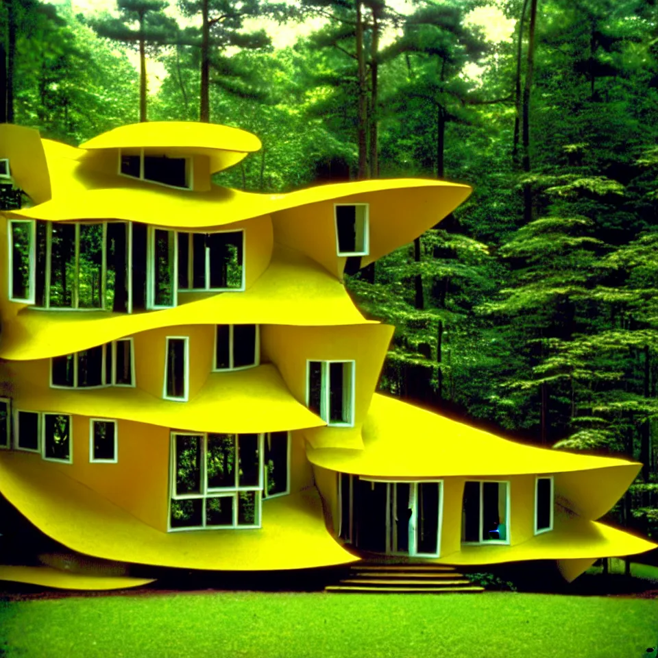 Prompt: a bungalow with big tiles in a forest, designed by Frank Gehry. Film grain, cinematic, yellow hue