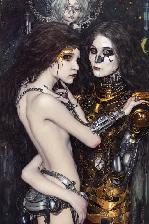 Image similar to portrait of two beautiful young gothic cyborg maidens, cyberpunk, Warhammer, kiss, highly detailed, artstation, illustration, art by Gustav Klimt