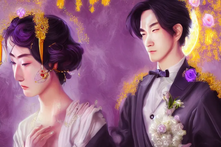 Image similar to a cinematic portrait of wedding photograph jpeg close up moment of a divine a japan sun god and moon goddess lovers magician at a wedding banquet. portraiture. digital painting. artstation. concept art. fantasy wedding photo. digital painting, 8 k realistic, hyper detailed, violet evergarden art masterpiece by art by krenz cushart