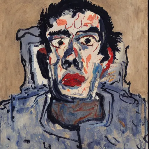 Image similar to painting of a man sitting on a chair, staring at you with an intense expression, by georg baselitz