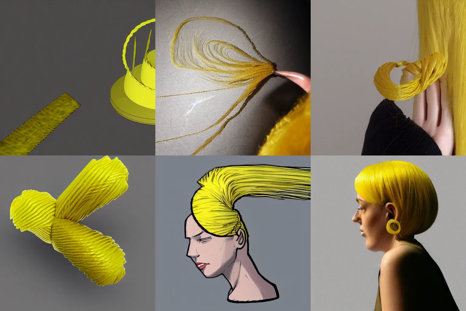 Prompt: who could have inspired you but her? its a yellow hair strand tied to your pinky to back then, a serrated edge where the particle system needs some tweaking. a stepped edge serrated by accident you've found, an off-by-some error due to parsing and efficiency reasons. The yellow spool unwound.