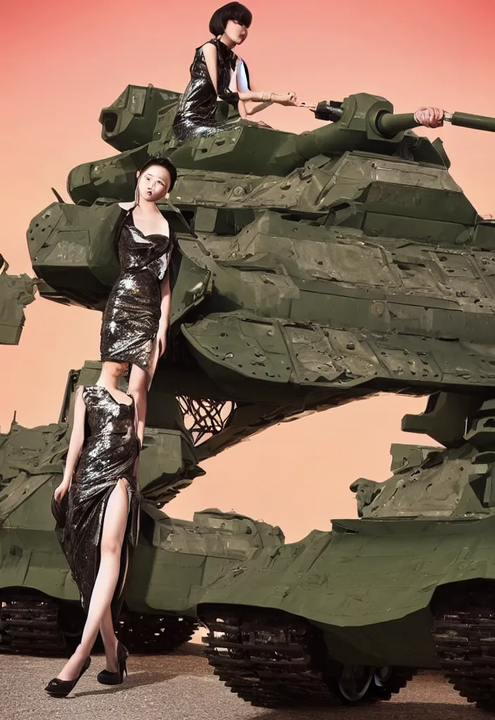 Image similar to gorgeous chinese model, elegant shiny reflective party dress, at the front of a military tank at dusk, high fashion photography for vogue italia