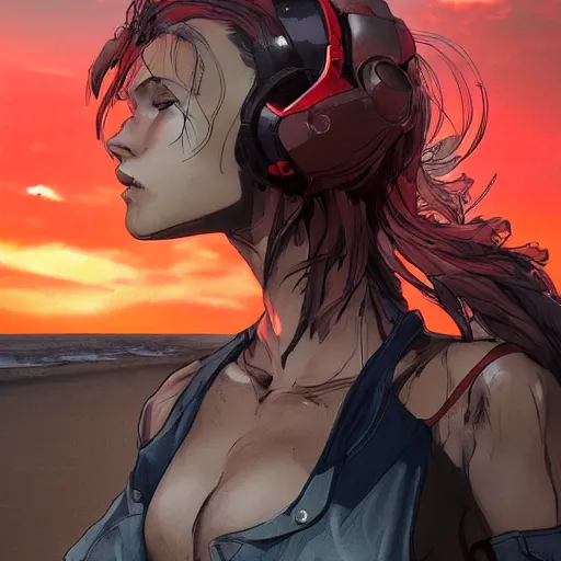 Image similar to full body character deisgn by artgerm, yoji shinkawa, greg rutkowski. cute eastern european cyborg scarlet red haired woman, steel gray body, denim shorts, cropped shirt with jacket, beach sunset background, soft smile, bold pose, 8 k ultra detailed, elegant, octane render