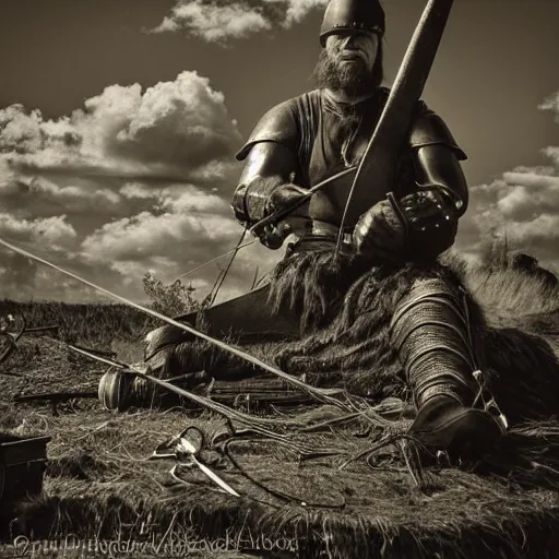 Prompt: wise angle photo of viking in armor working on the mechanical ancient device, tools and junk on the ground,wires and lights, old village in the distance, vintage old photo, black and white, sepia