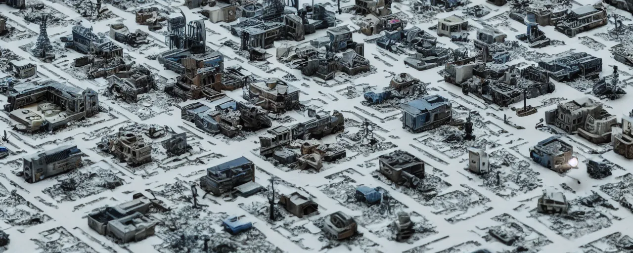 Image similar to mega detailed miniature voxel diorama abandoned nasa base, brutalism architecture, tilt shift suburban, hard lights are on in the windows, dark night, fog, winter, blizzard, uncozy and not peaceful atmosphere, row of street lamps with cold blue light, several ruins nearby, cold war era 1 9 6 0