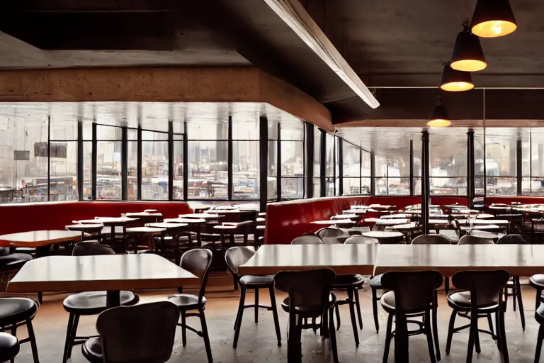 Prompt: 2 0 1 5 brutalism themed classic american diner, people sitting at tables, brutalist, one point perspective, americana, restaurant interior photography