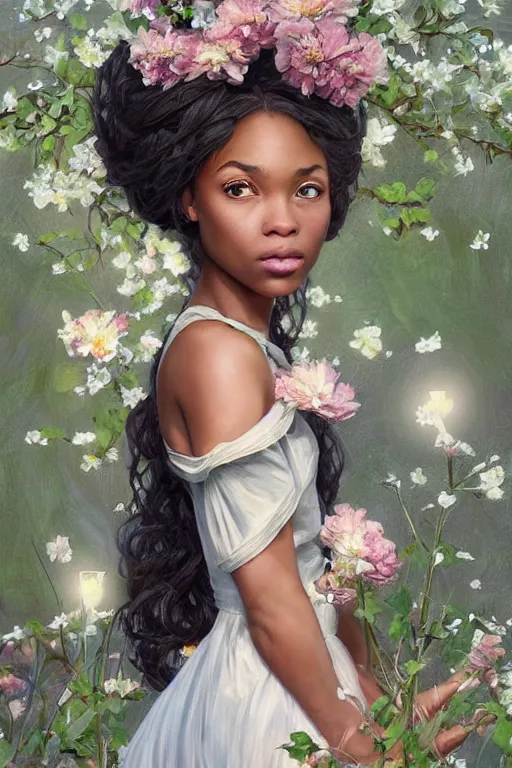 Image similar to ultra realistic illustration, black american girl with flowers blossoming from her hair, standing seductively, wearing night dress, night time, moonlight, snowy, volumetric lighting, elegant, highly detailed, digital painting, concept art, smooth, sharp focus, illustration, art by artgerm and greg rutkowski and alphonse mucha