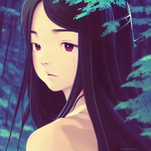 Image similar to a beautiful girl with long dark hair, wearing a ninja uniform, forest background, intricate, highly detailed, digital painting, artstation, official media, anime key visual, concept art, rich vivid colors, ambient lighting, sharp focus, illustration, art by Artgerm, Makoto Shinkai, Ilya Kuvshinov, Lois Van Baarle, and Rossdraws