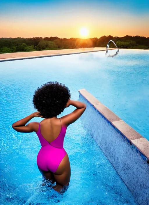 Image similar to a plump afro girl on the edge of the pool in a galographic swimsuit, a swimsuit with a lock on the chest, afro pigtails hairstyle, sunset mood, vogue style,, golden ratio, perfect composition, medium close - up ( mcu ), cannon ef 6 5 mm f / 2. 8 8 k