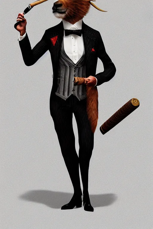 Image similar to beautiful portrait commission of a male furry anthro mountain goat wearing a pinstripe suit and waistcoat and smoking a cigar, award-winning, detailed, trending on artstation