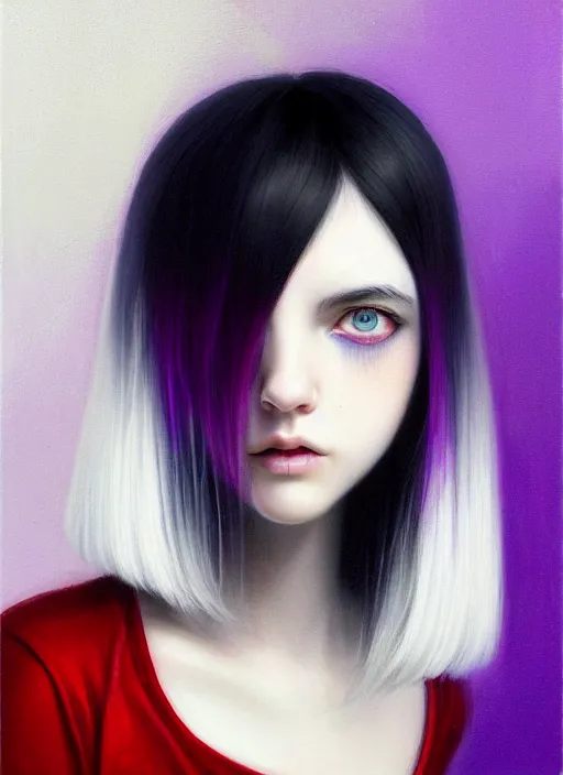 Image similar to hair whitebangs hair, black hair, whitebangs, portrait of teenage girl with white bangs, red irises, purple clothes, white bangs, bangs are different color from hair, intricate, elegant, glowing lights, highly detailed, digital painting, artstation, concept art, smooth, sharp focus, illustration, art by wlop, mars ravelo and greg rutkowski