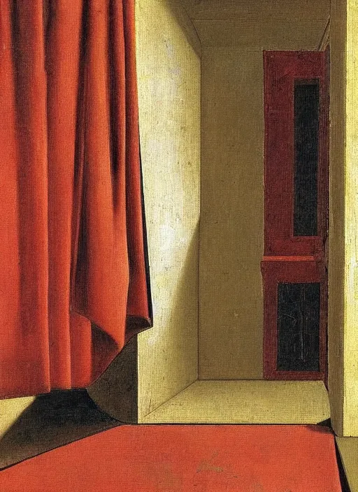 Prompt: red curtain on the floor, medieval painting by jan van eyck, johannes vermeer, florence