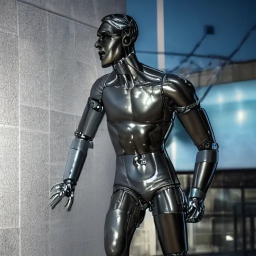 Prompt: a realistic detailed photo of a guy who is an attractive humanoid who is half robot and half humanoid, who is a male android, wrestler daton fix, shiny skin, posing like a statue, blank stare, by the pool, on display, showing off his muscles, humanoid robot, frozen ice statue