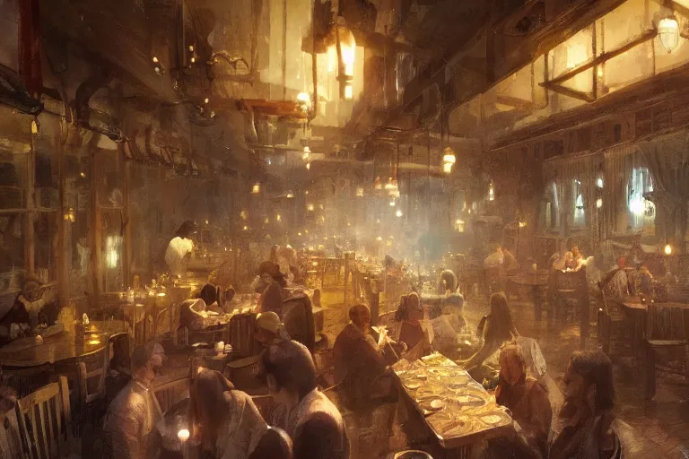 Image similar to A national geographic photo of the interior of an old inn restaurant filled with people by greg rutkowski, Trending on artstation