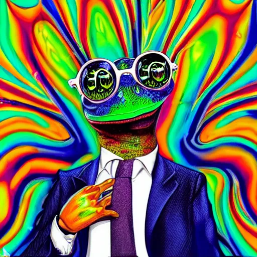 Image similar to businessman in a psychedelic trip by a poisonous frog hyper realism, high detail, octane