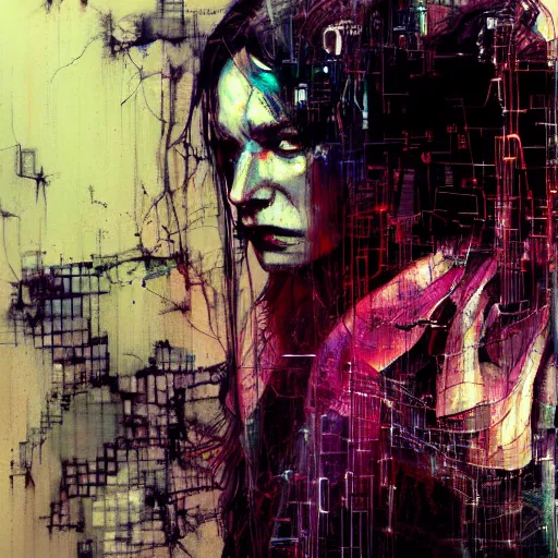 Image similar to cyberpunk lost in a glitchcore world of wires, and machines, by jeremy mann, francis bacon and agnes cecile, and dave mckean ink drips, paint smears, digital glitches glitchart