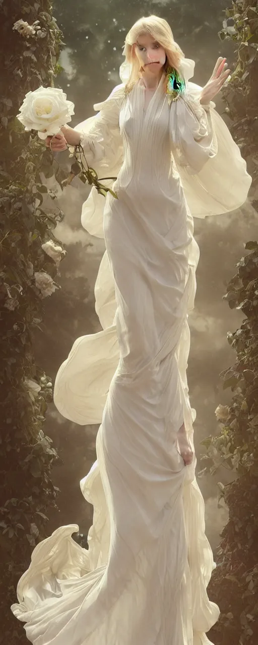 Image similar to woman dressed in a vaporous wrapped large victorian white roses semi -transparent silk dress fashion, D&D, fantasy, intricate, elegant, highly detailed, digital painting, artstation, concept art, matte, sharp focus, illustration, art by Artgerm and Greg Rutkowski and Alphonse Mucha