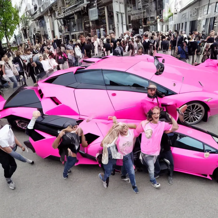 Image similar to a group of people carrying a pink lamborghini