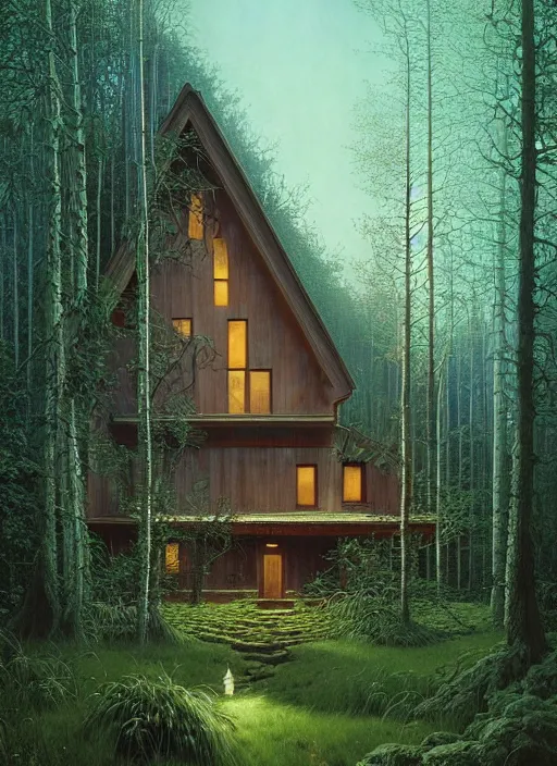 Image similar to hyper realistic witchy modern house with mood lighting and tech in the woods gorgeous lighting, blue sky, highly detailed, lush forest foliage painting by zdzisław beksinski and norman rockwell and greg rutkowski weta studio, and lucasfilm