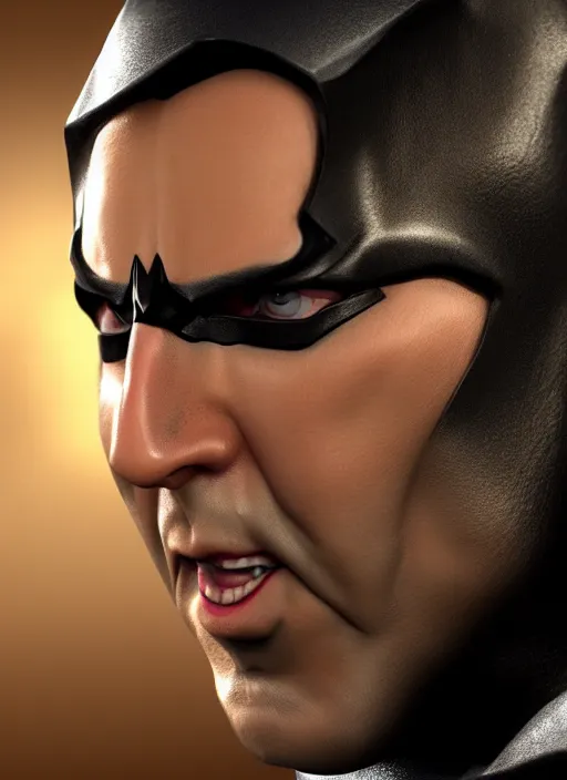 Image similar to promotional image of nicolas cage dressed as batman, smooth, trending on artstation, promotional artwork, film still, elegant, photorealistic facial features, intricate, detailed face, cinematic lighting