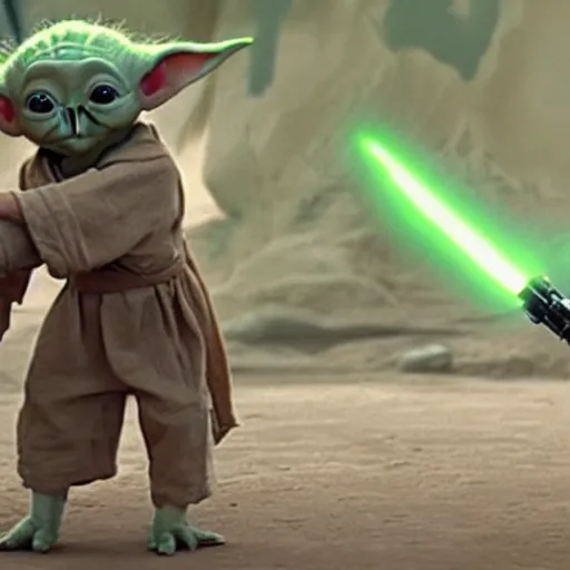 Prompt: a film still of baby yoda's son being trained by rey skywalker in star wars realistic, detailed