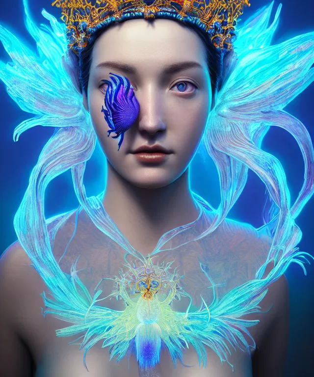 Image similar to symmetrical, centered, close-up portrait of goddess wearing crown made of betta fish, phoenix, bioluminiscent elements, intricate artwork by Tooth Wu and wlop and beeple. octane render, trending on artstation, greg rutkowski very coherent symmetrical artwork. cinematic, hyper realism, high detail, octane render, 8k