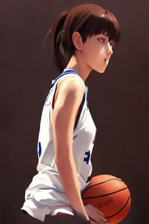 Prompt: A ultradetailed beautiful panting of a stylish girl wearing a basketball jersey, Oil painting, by Ilya Kuvshinov, Greg Rutkowski and Makoto Shinkai