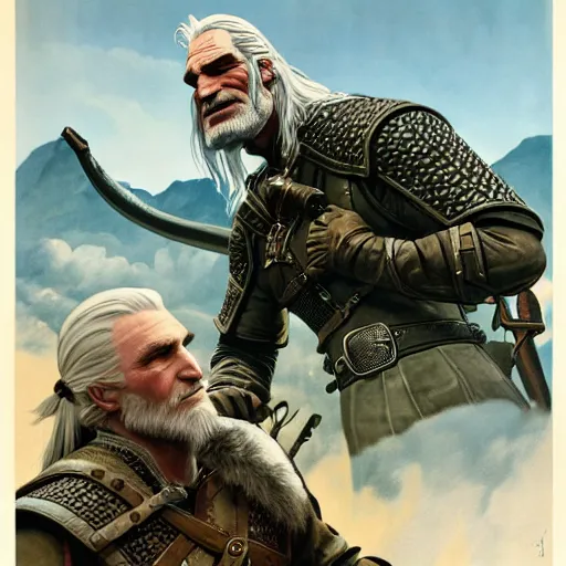 Image similar to geralt of rivia examines a sleeping dragon detailed american wwii propaganda poster by james gurney and pixar