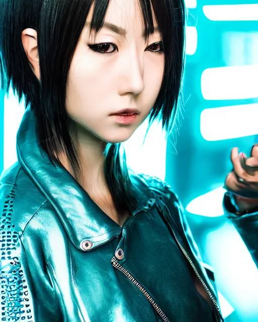 Prompt: Hyper realistic Portrait of a beautiful Japanese Cyberpunk girl, glowing teal hair bob haircut, bangs, Spiked blue leather jacket